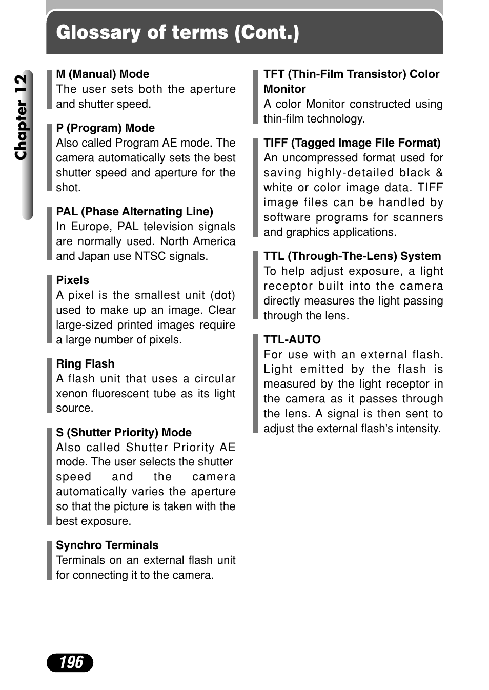 Glossary of terms (cont.), Chapter 12 | Olympus C-4040 Zoom User Manual | Page 196 / 200