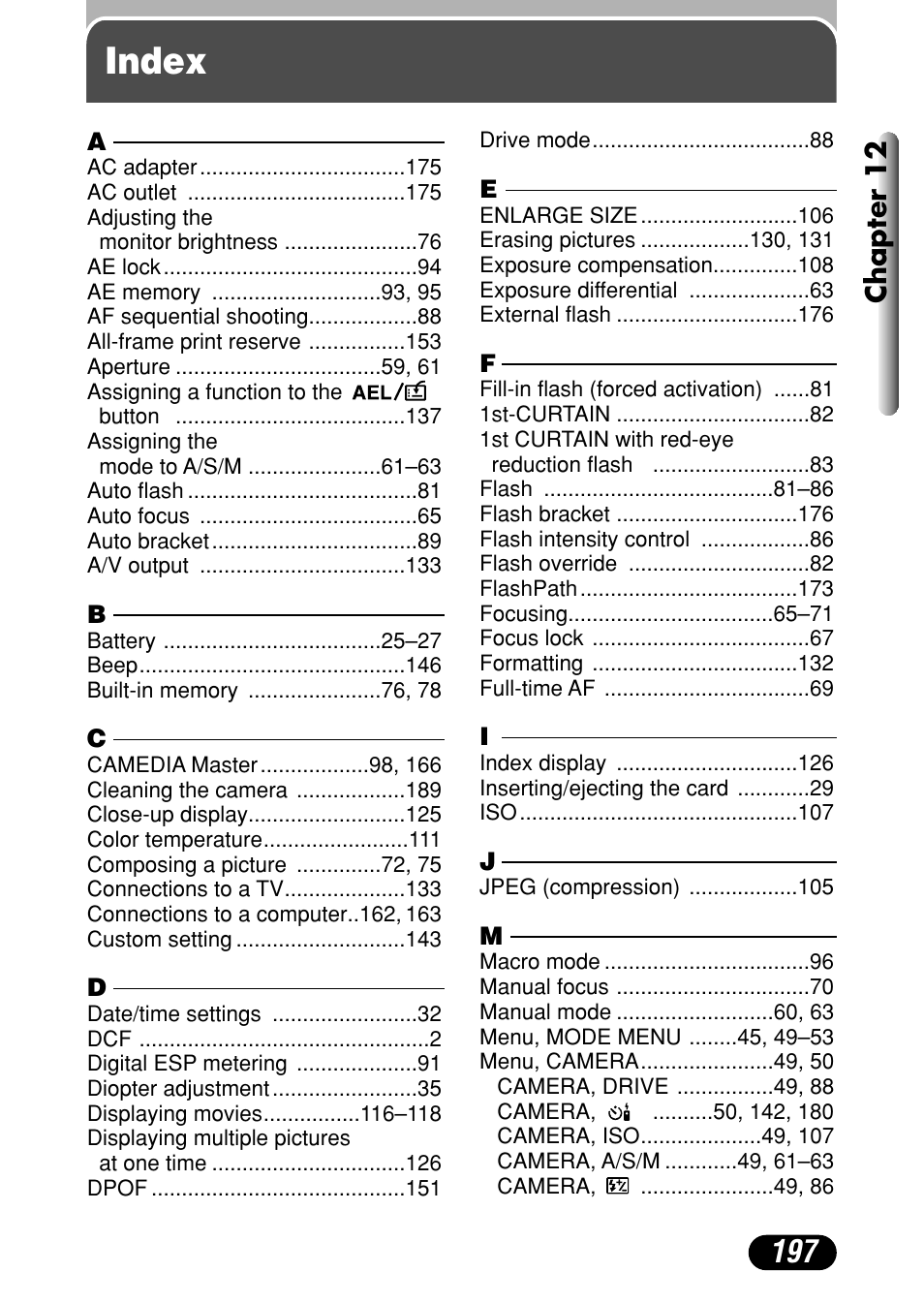 Index, Chapter 12 | Olympus C-4040 Zoom User Manual | Page 197 / 200