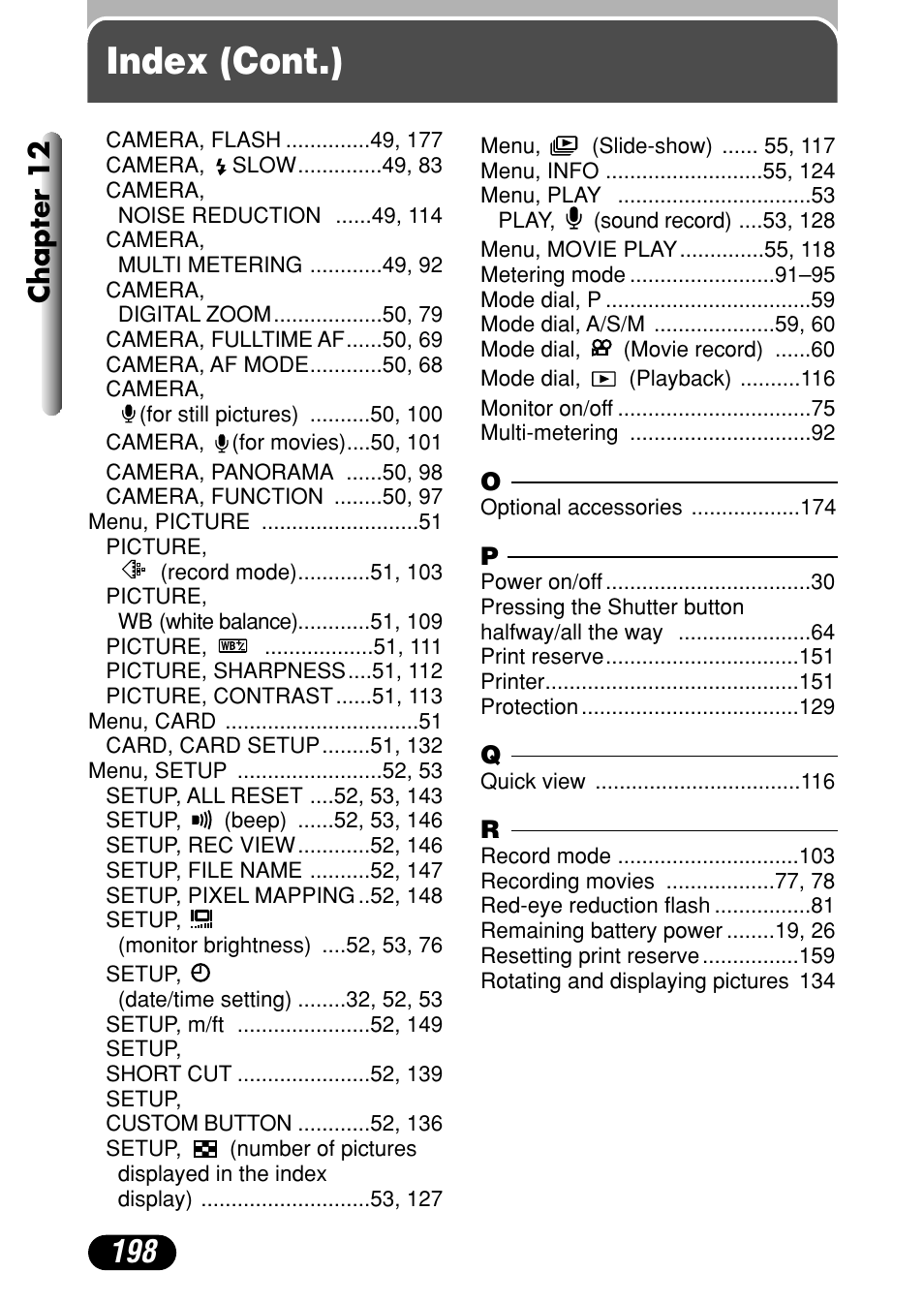 Index (cont.), Chapter 12 | Olympus C-4040 Zoom User Manual | Page 198 / 200