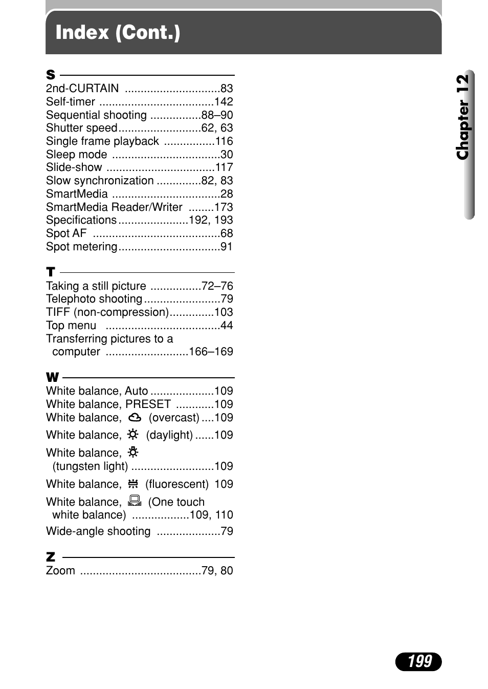 Index (cont.), Chapter 12 | Olympus C-4040 Zoom User Manual | Page 199 / 200