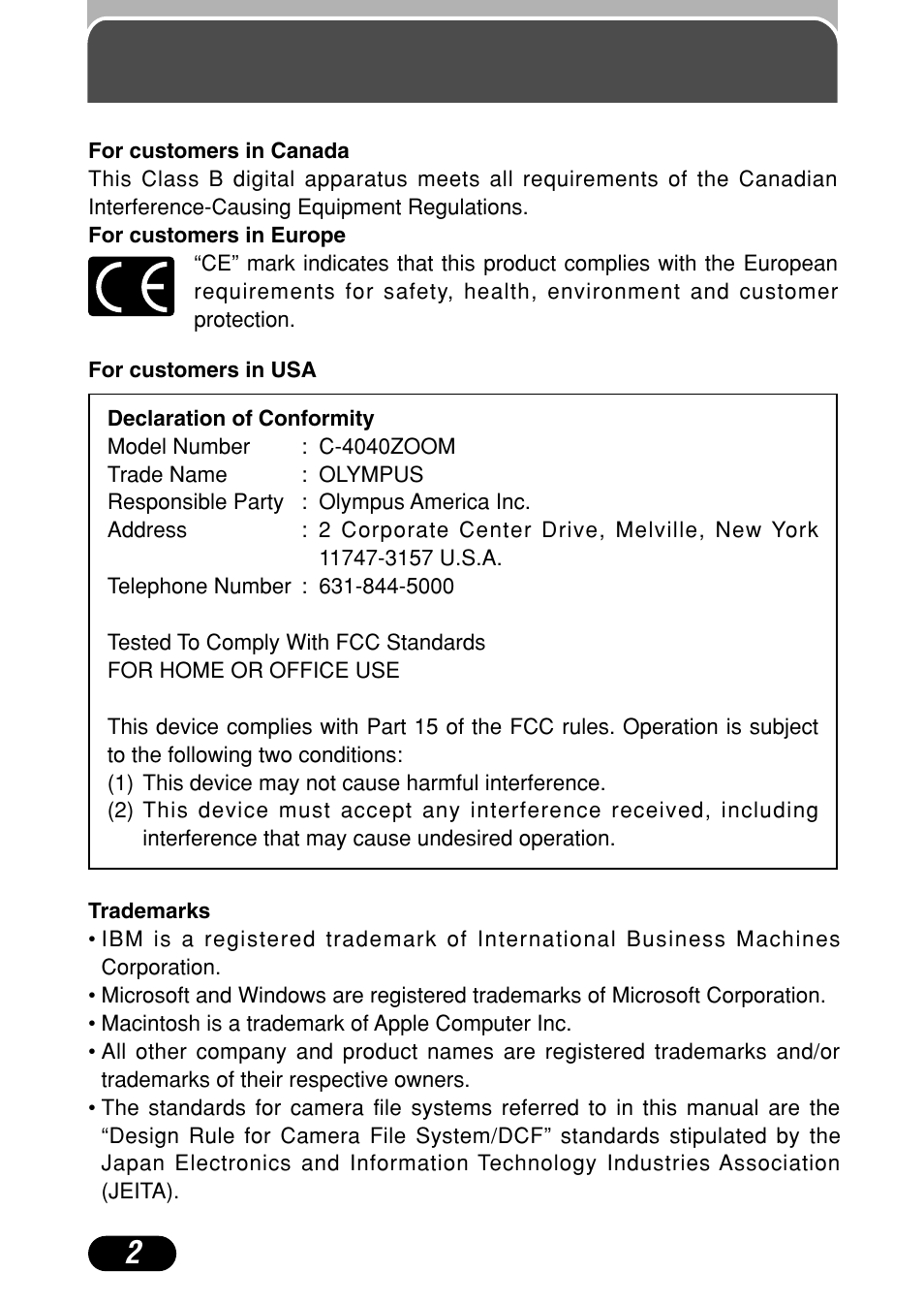 Trademarks | Olympus C-4040 Zoom User Manual | Page 2 / 200