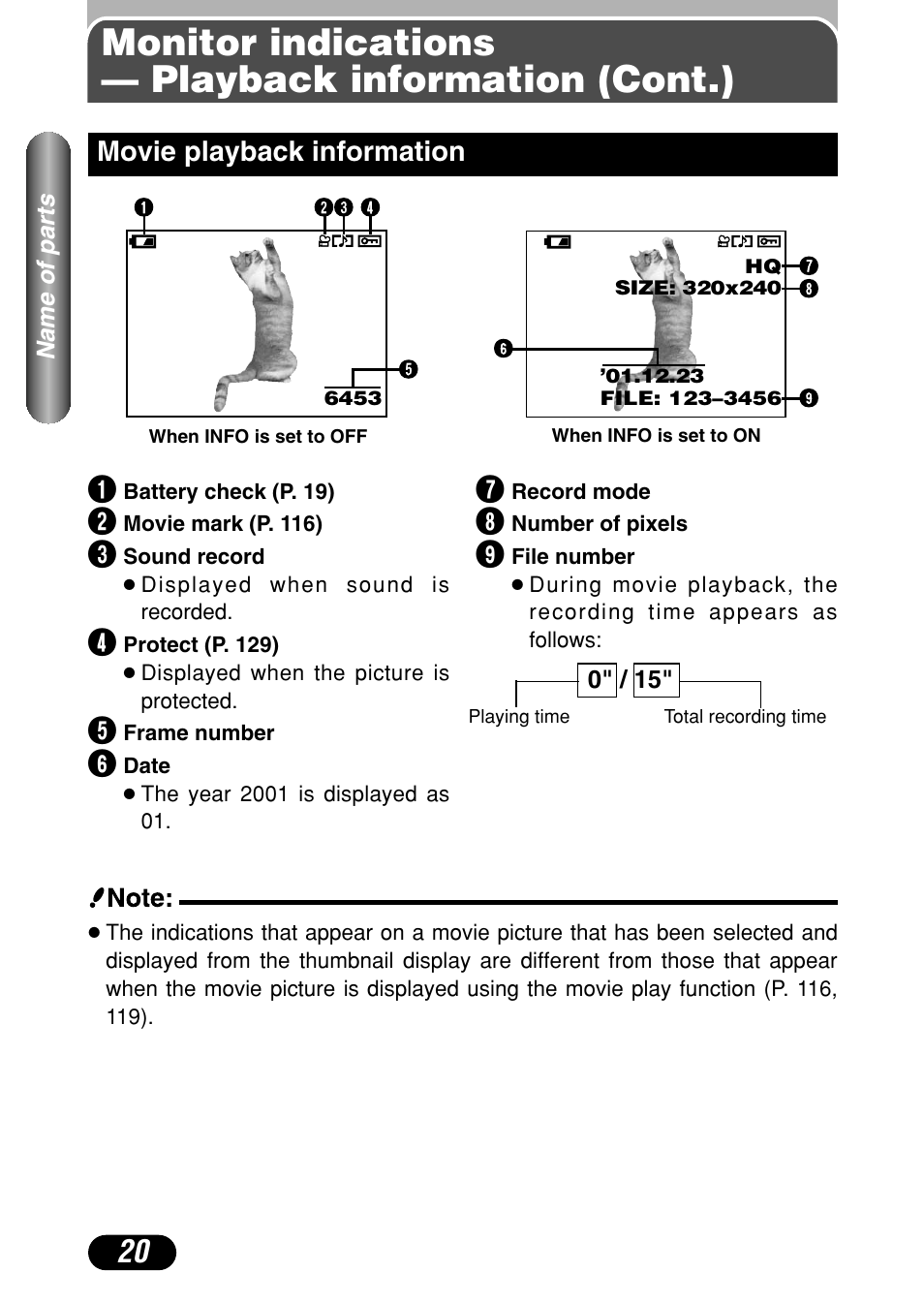 Movie playback information 20, Monitor indications — playback information (cont.), Movie playback information | Olympus C-4040 Zoom User Manual | Page 20 / 200