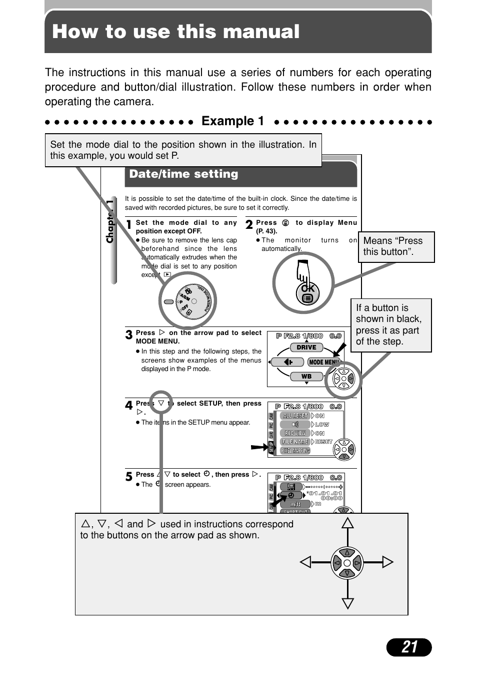 How to use this manual, Сс й н, Example 1 | Date/time setting 3 | Olympus C-4040 Zoom User Manual | Page 21 / 200