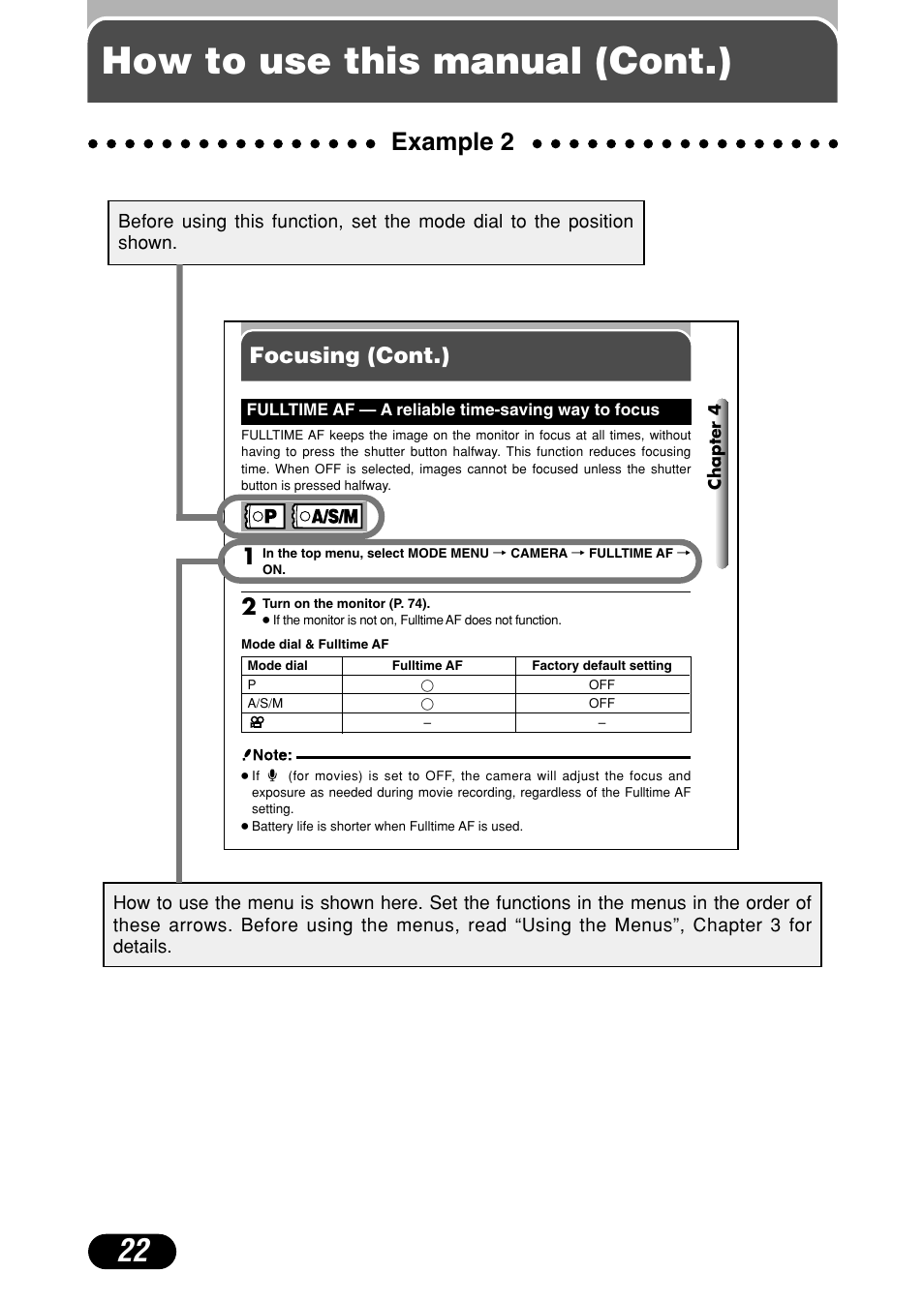 How to use this manual (cont.), Example 2, Focusing (cont.) | Olympus C-4040 Zoom User Manual | Page 22 / 200