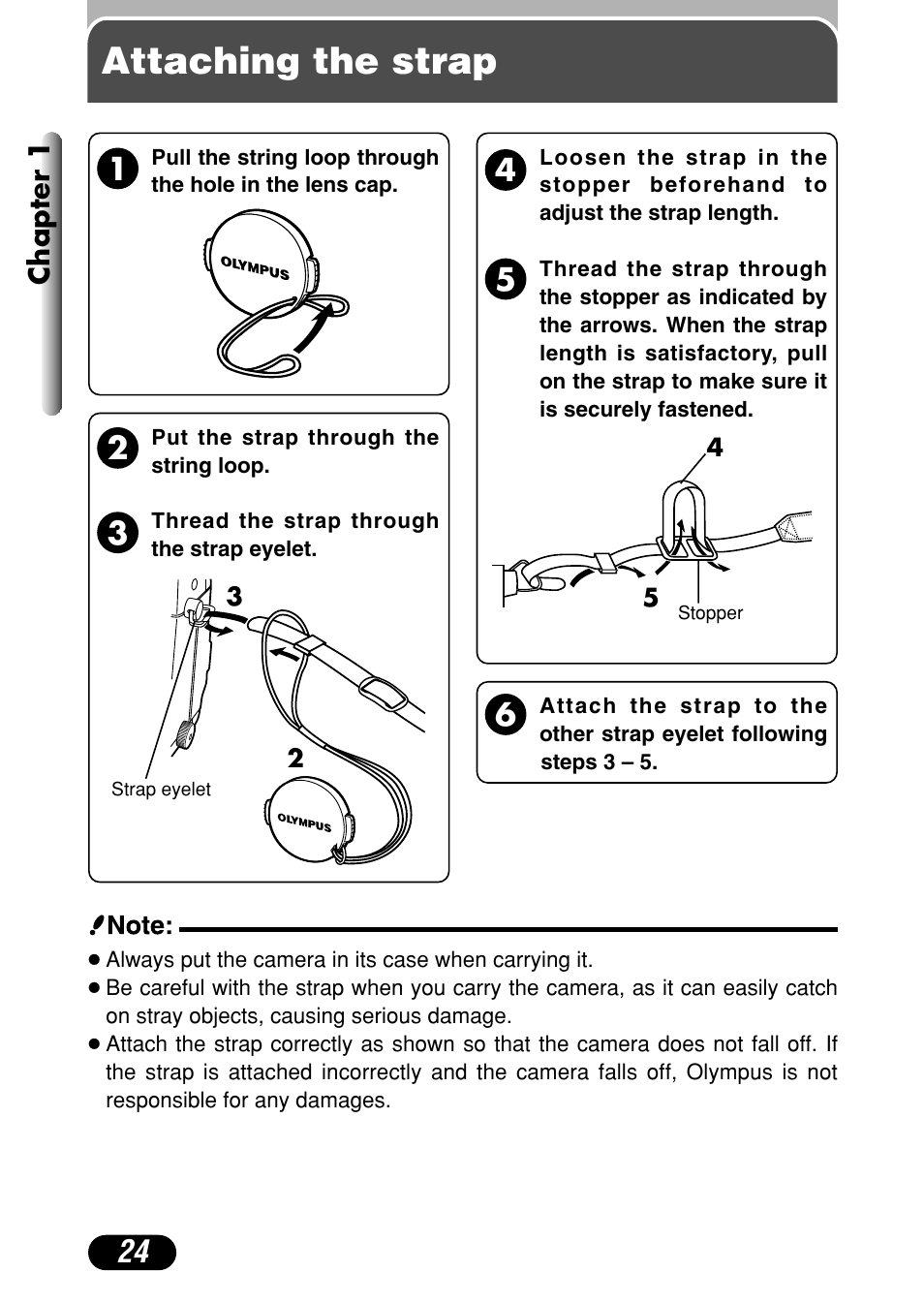 Attaching the strap | Olympus C-4040 Zoom User Manual | Page 24 / 200