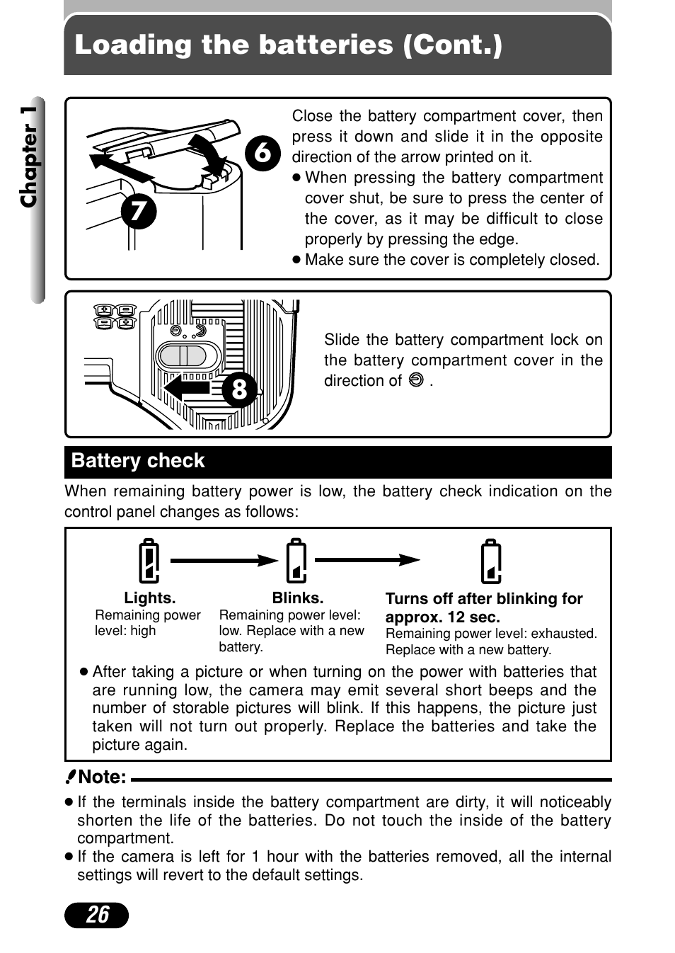 Battery check 26, Loading the batteries (cont.), Chapter 1 | Battery check | Olympus C-4040 Zoom User Manual | Page 26 / 200