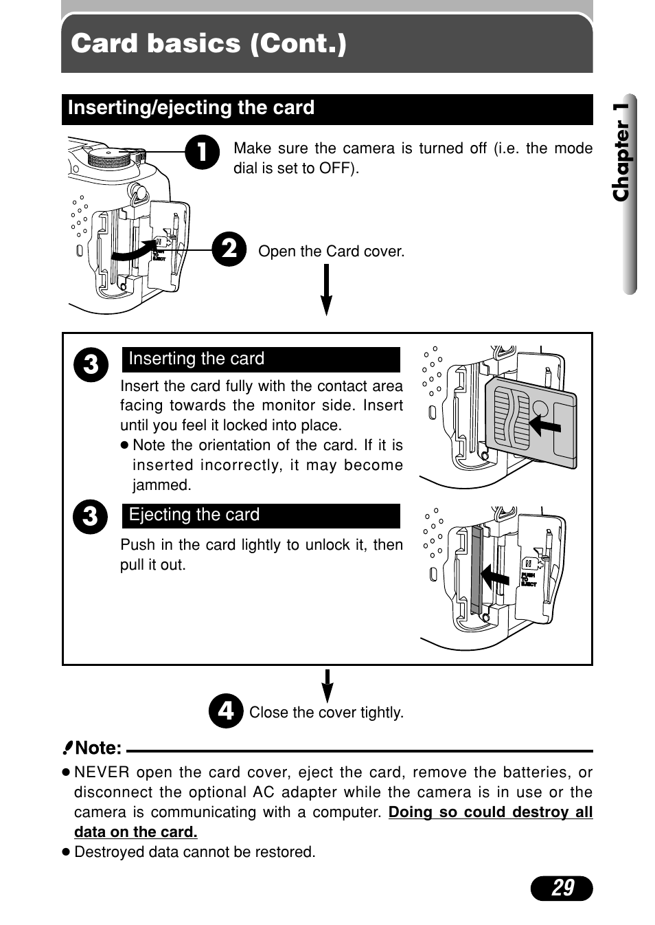 Inserting/ejecting the card 29, Card basics (cont.) | Olympus C-4040 Zoom User Manual | Page 29 / 200