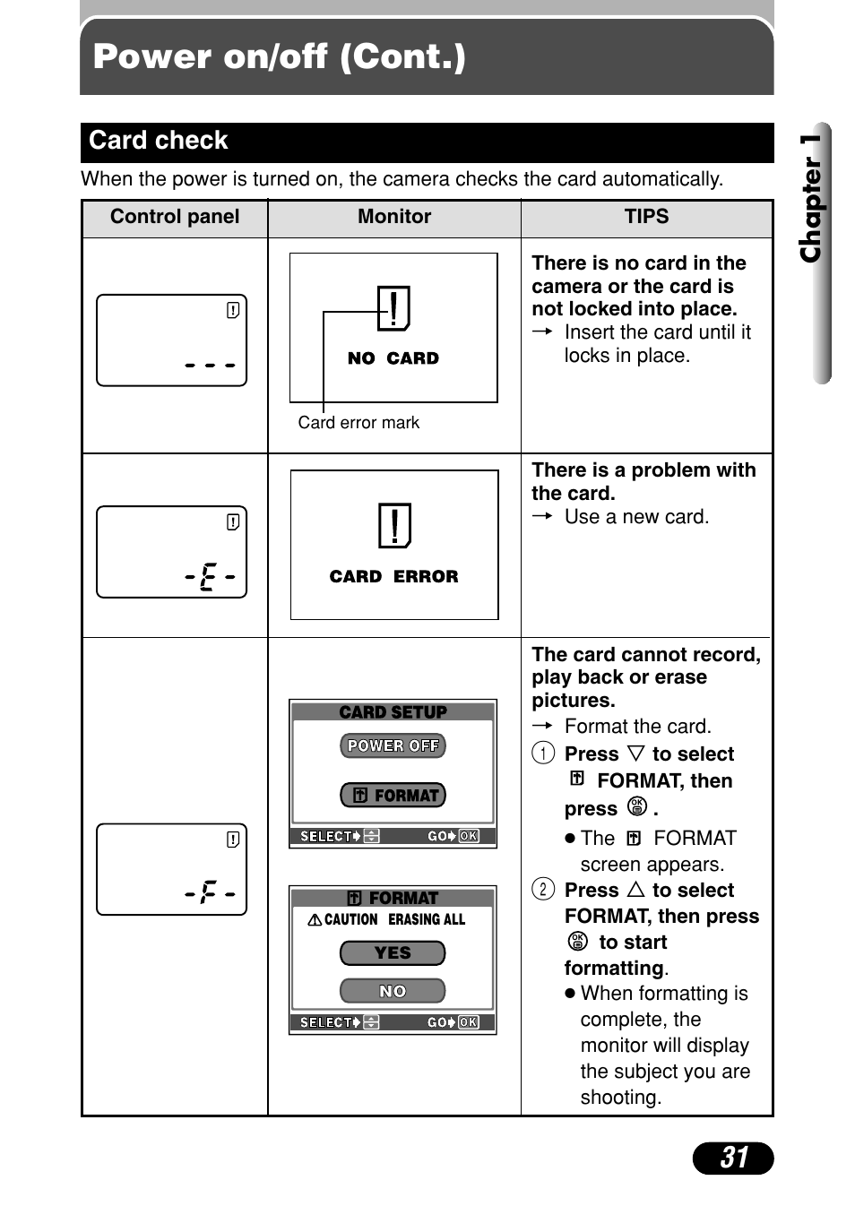 Card check 31, Power on/off (cont.), Chapter 1 | Card check | Olympus C-4040 Zoom User Manual | Page 31 / 200