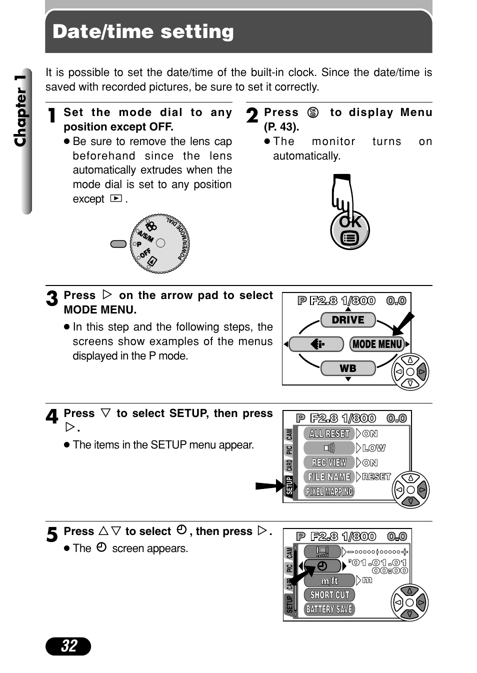 Date/time setting, Chapter 1 | Olympus C-4040 Zoom User Manual | Page 32 / 200