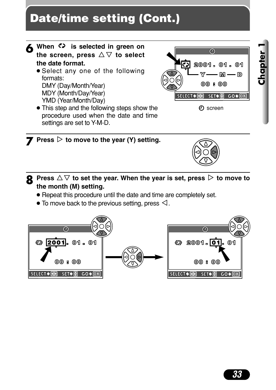 Date/time setting (cont.) 8, Chapter 1 | Olympus C-4040 Zoom User Manual | Page 33 / 200