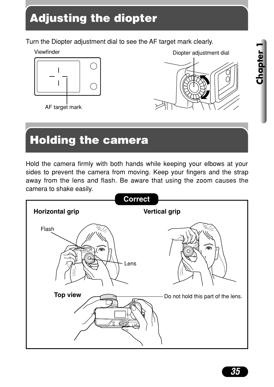 Adjusting the diopter, Holding the camera, Adjusting the diopter holding the camera | Olympus C-4040 Zoom User Manual | Page 35 / 200