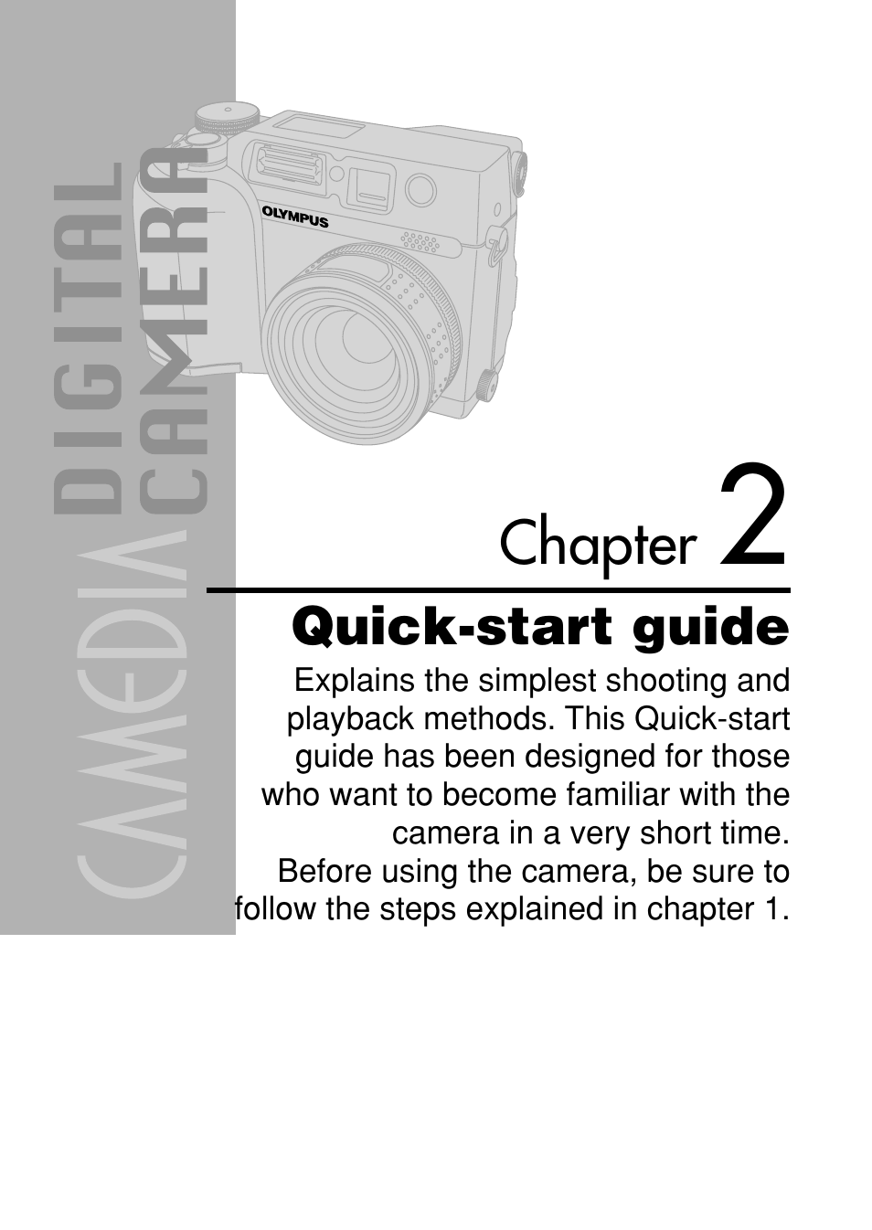 Chapter 2 quick-start guide, Quick-start guide, Chapter | Olympus C-4040 Zoom User Manual | Page 36 / 200