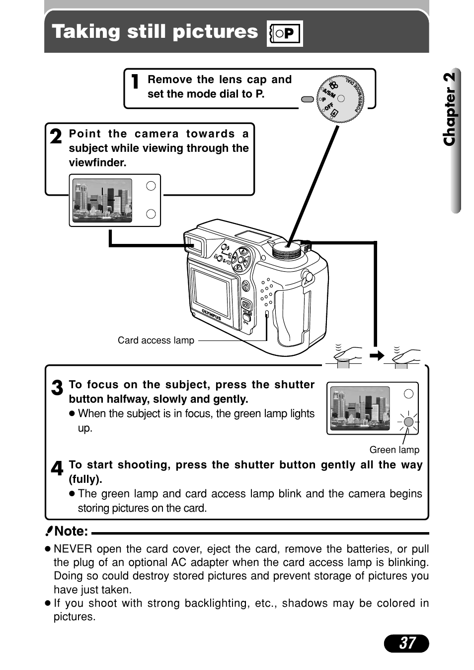 Taking still pictures | Olympus C-4040 Zoom User Manual | Page 37 / 200