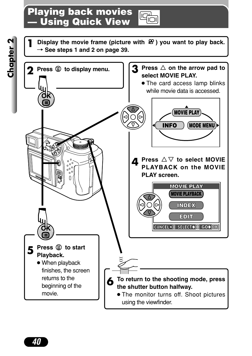 Playing back movies — using quick view, Chapter 2 | Olympus C-4040 Zoom User Manual | Page 40 / 200