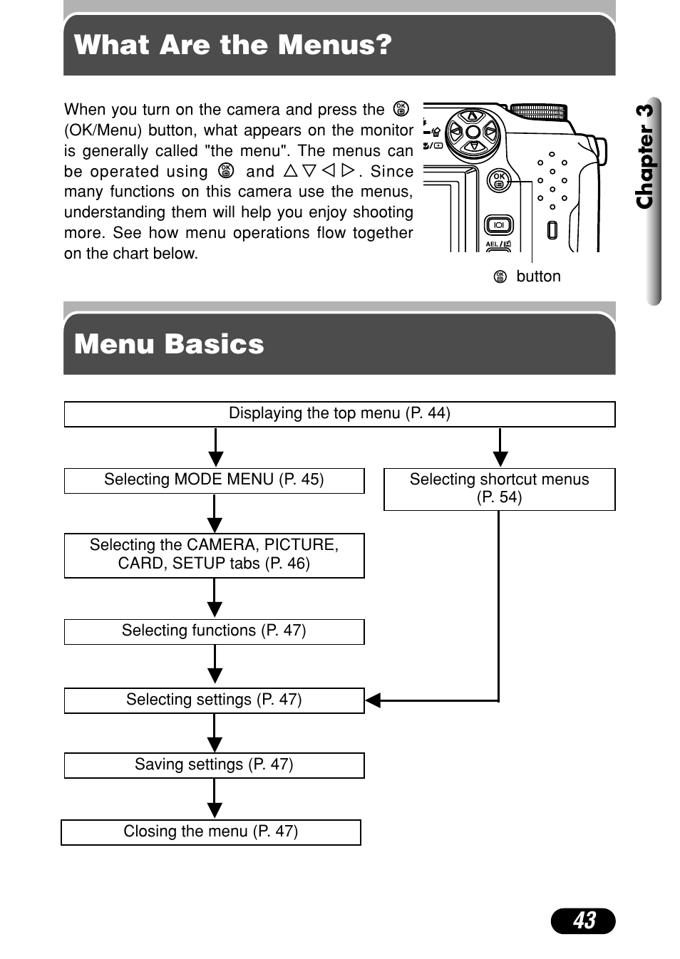 What are the menus, Menu basics, What are the menus? menu basics | Chapter 3 | Olympus C-4040 Zoom User Manual | Page 43 / 200