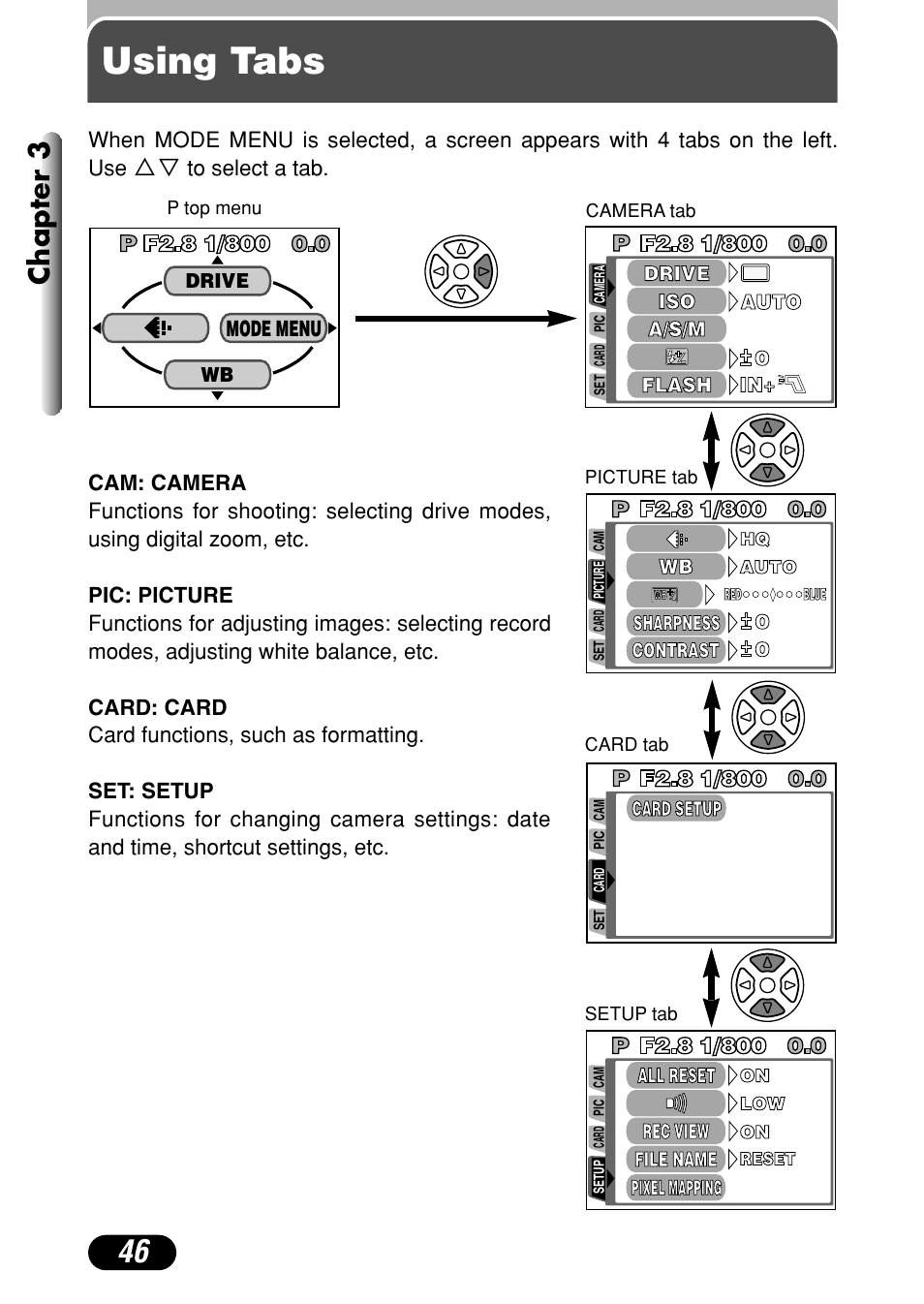 Using tabs, Chapter 3 | Olympus C-4040 Zoom User Manual | Page 46 / 200