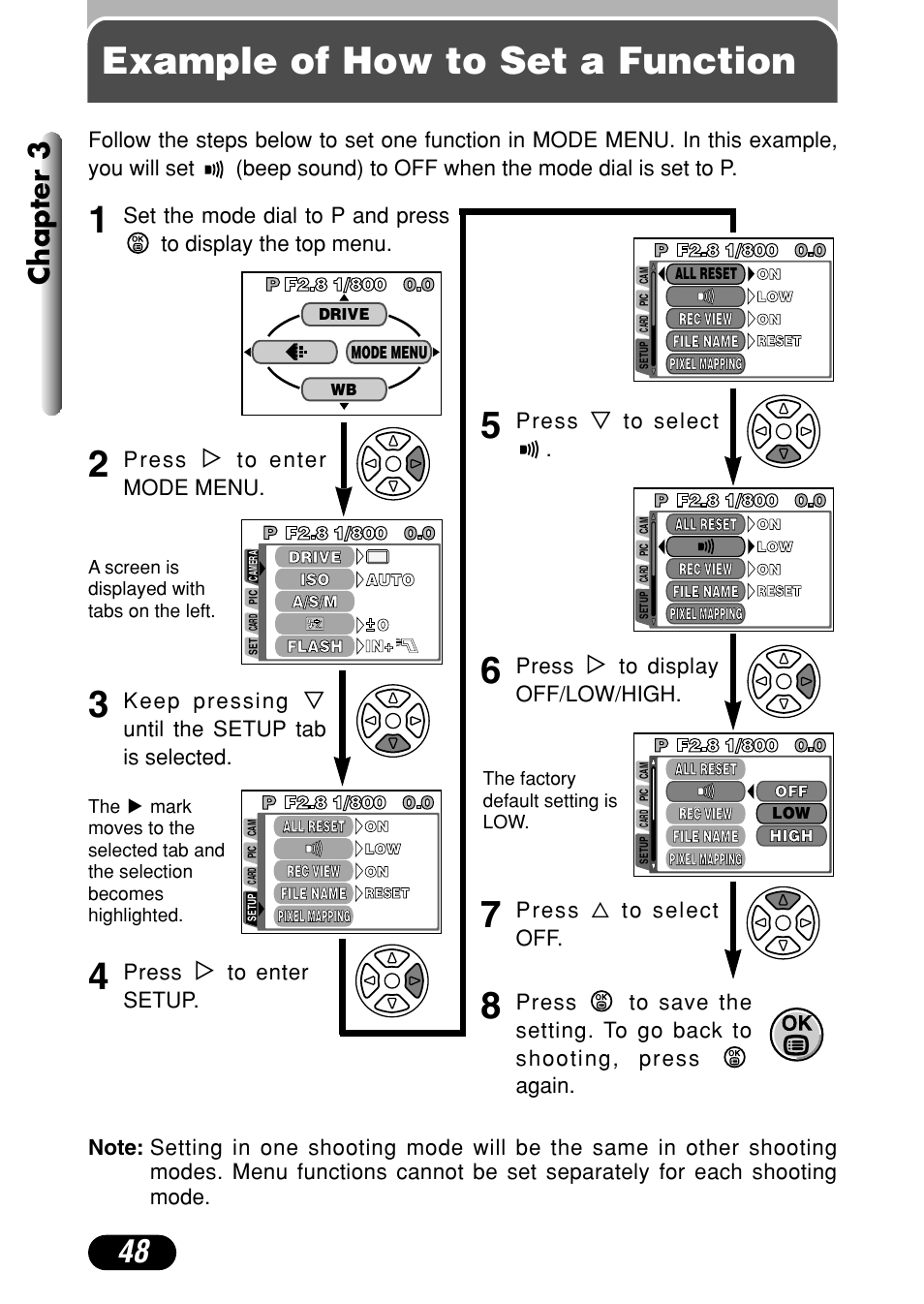 Example of how to set a function, Chapter 3, Press | Keep pressing, Until the setup tab is selected, Press ñ to select off | Olympus C-4040 Zoom User Manual | Page 48 / 200