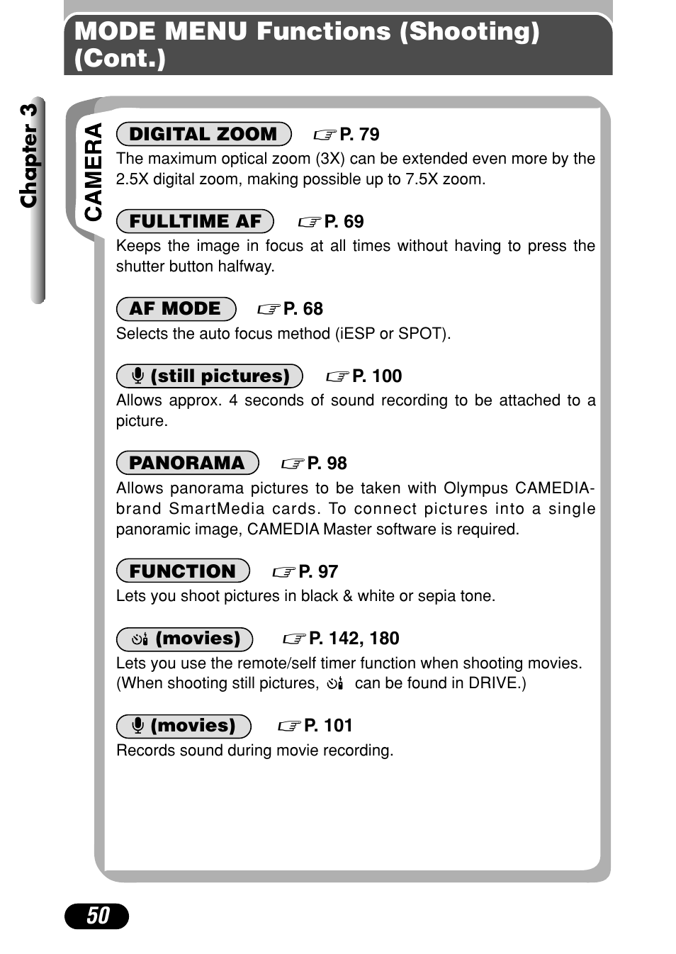 Mode menu functions (shooting) (cont.) | Olympus C-4040 Zoom User Manual | Page 50 / 200