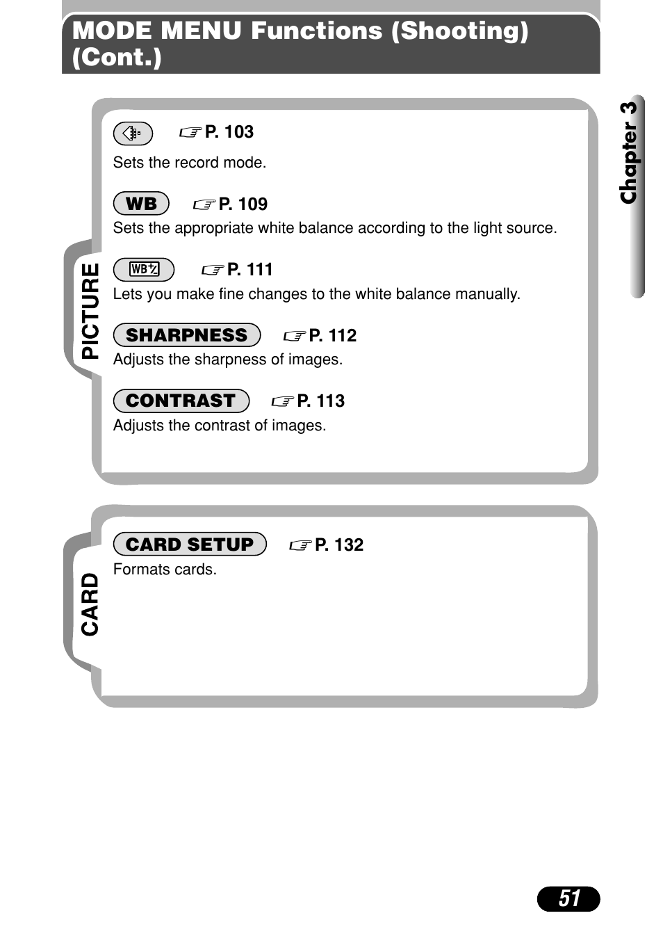 Mode menu functions (shooting) (cont.) | Olympus C-4040 Zoom User Manual | Page 51 / 200