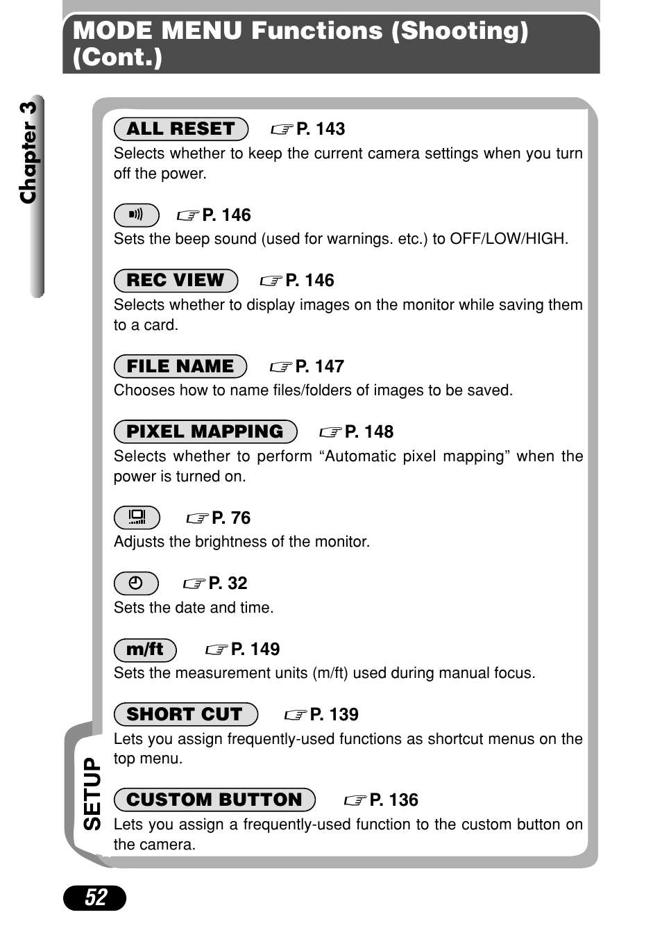 Mode menu functions (shooting) (cont.), Chapter 3 | Olympus C-4040 Zoom User Manual | Page 52 / 200