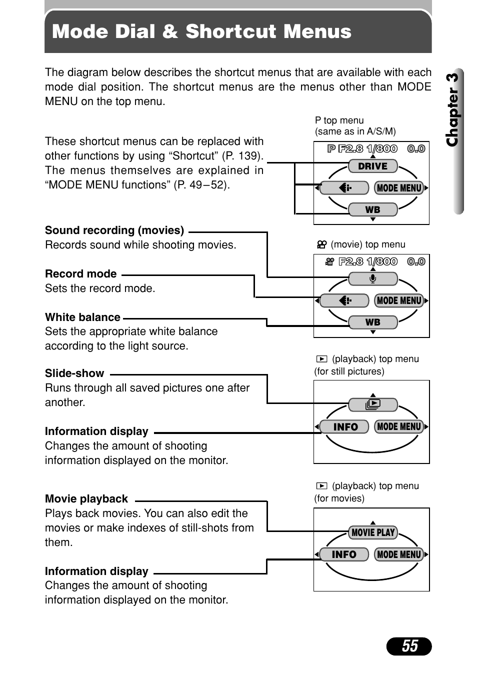 Mode dial & shortcut menus, Chapter 3 | Olympus C-4040 Zoom User Manual | Page 55 / 200