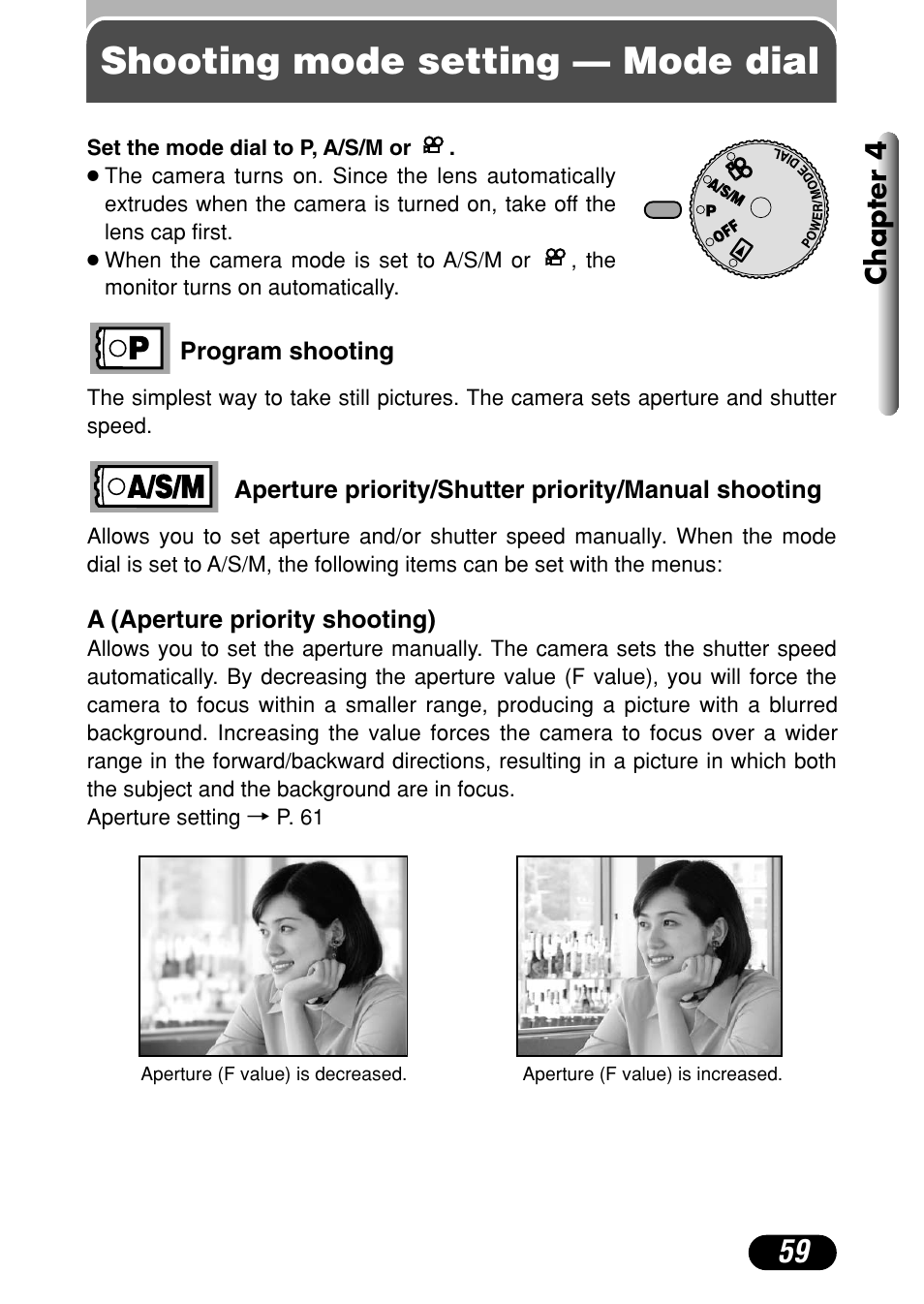 Shooting mode setting — mode dial, Chapter 4 | Olympus C-4040 Zoom User Manual | Page 59 / 200