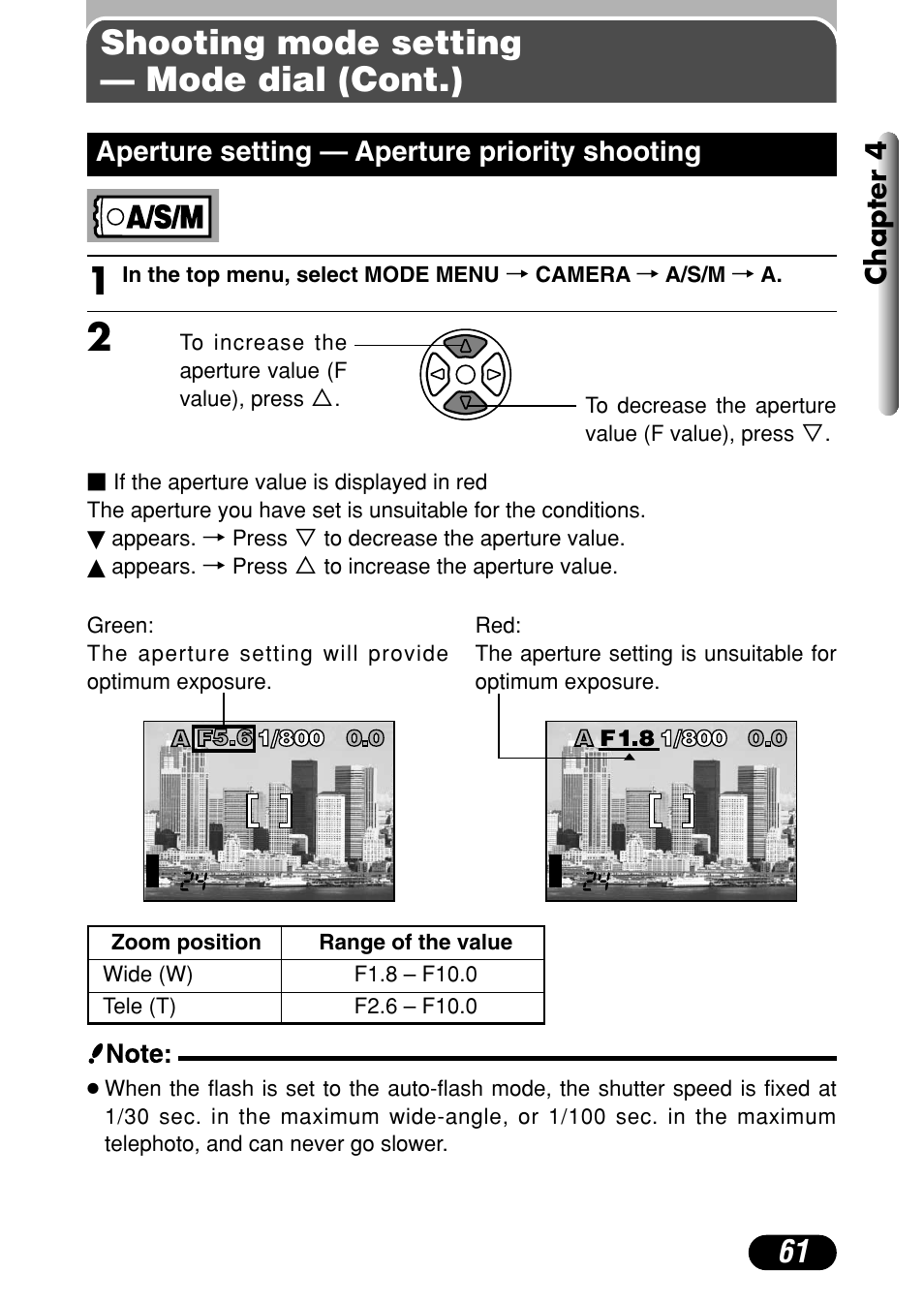 Aperture setting — aperture priority shooting 61, Shooting mode setting — mode dial (cont.), Aperture setting — aperture priority shooting | Chapter 4 | Olympus C-4040 Zoom User Manual | Page 61 / 200