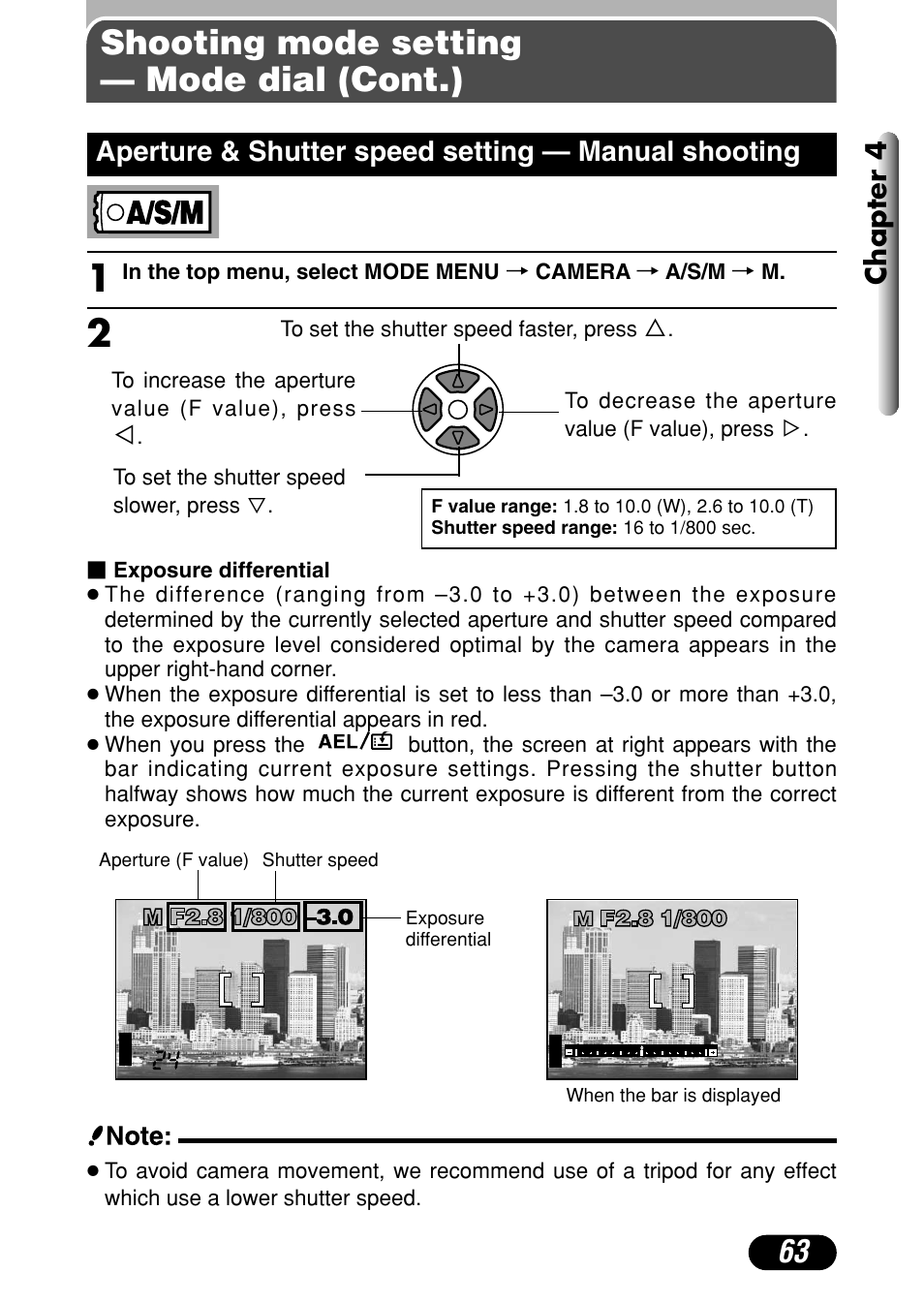 Shooting mode setting — mode dial (cont.), Aperture & shutter speed setting — manual shooting, Chapter 4 | Olympus C-4040 Zoom User Manual | Page 63 / 200