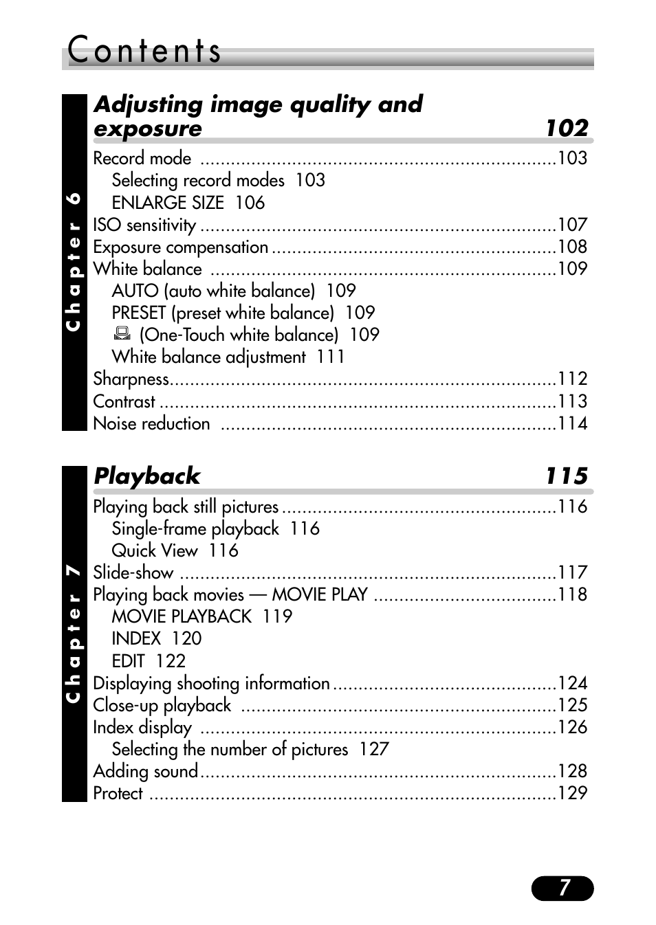 7adjusting image quality and exposure 102, Playback 115 | Olympus C-4040 Zoom User Manual | Page 7 / 200