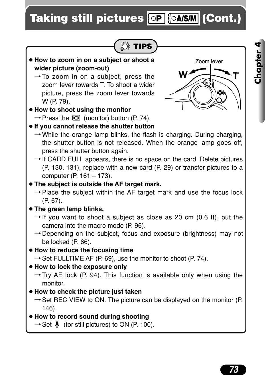 Taking still pictures (cont.), Chapter 4 | Olympus C-4040 Zoom User Manual | Page 73 / 200