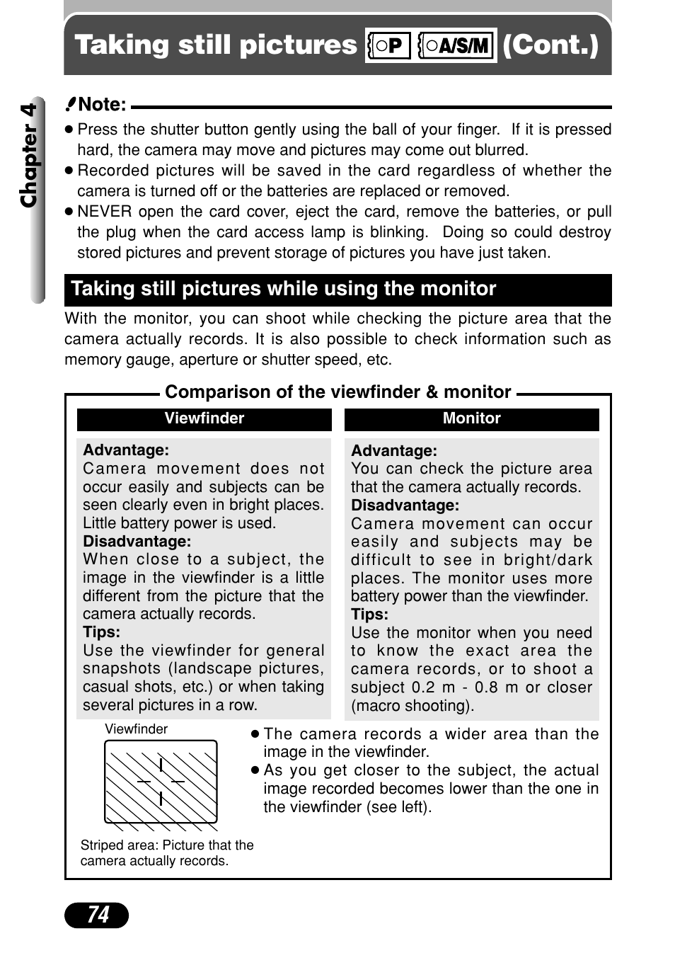 Taking still pictures while using the monitor 74, Taking still pictures (cont.), Chapter 4 | Taking still pictures while using the monitor | Olympus C-4040 Zoom User Manual | Page 74 / 200