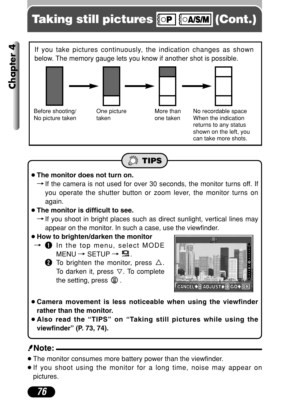 Taking still pictures (cont.), Chapter 4 | Olympus C-4040 Zoom User Manual | Page 76 / 200