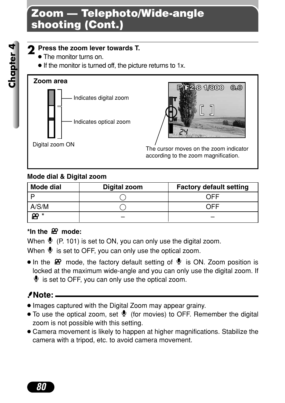 Zoom — telephoto/wide-angle shooting (cont.), Chapter 4 | Olympus C-4040 Zoom User Manual | Page 80 / 200