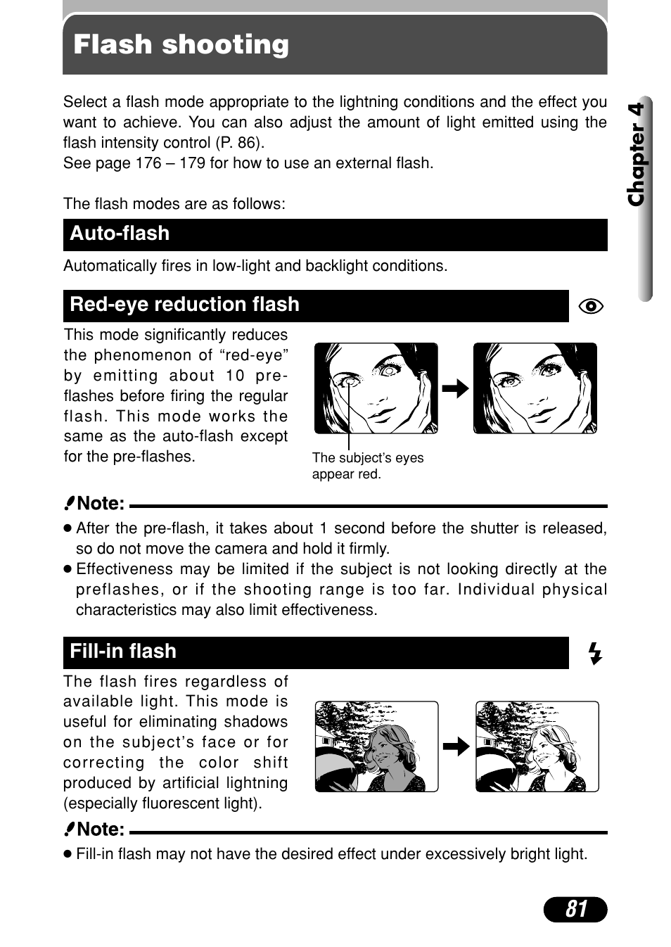 Flash shooting, Auto-flash 81 red-eye reduction flash, Fill-in flash | Olympus C-4040 Zoom User Manual | Page 81 / 200