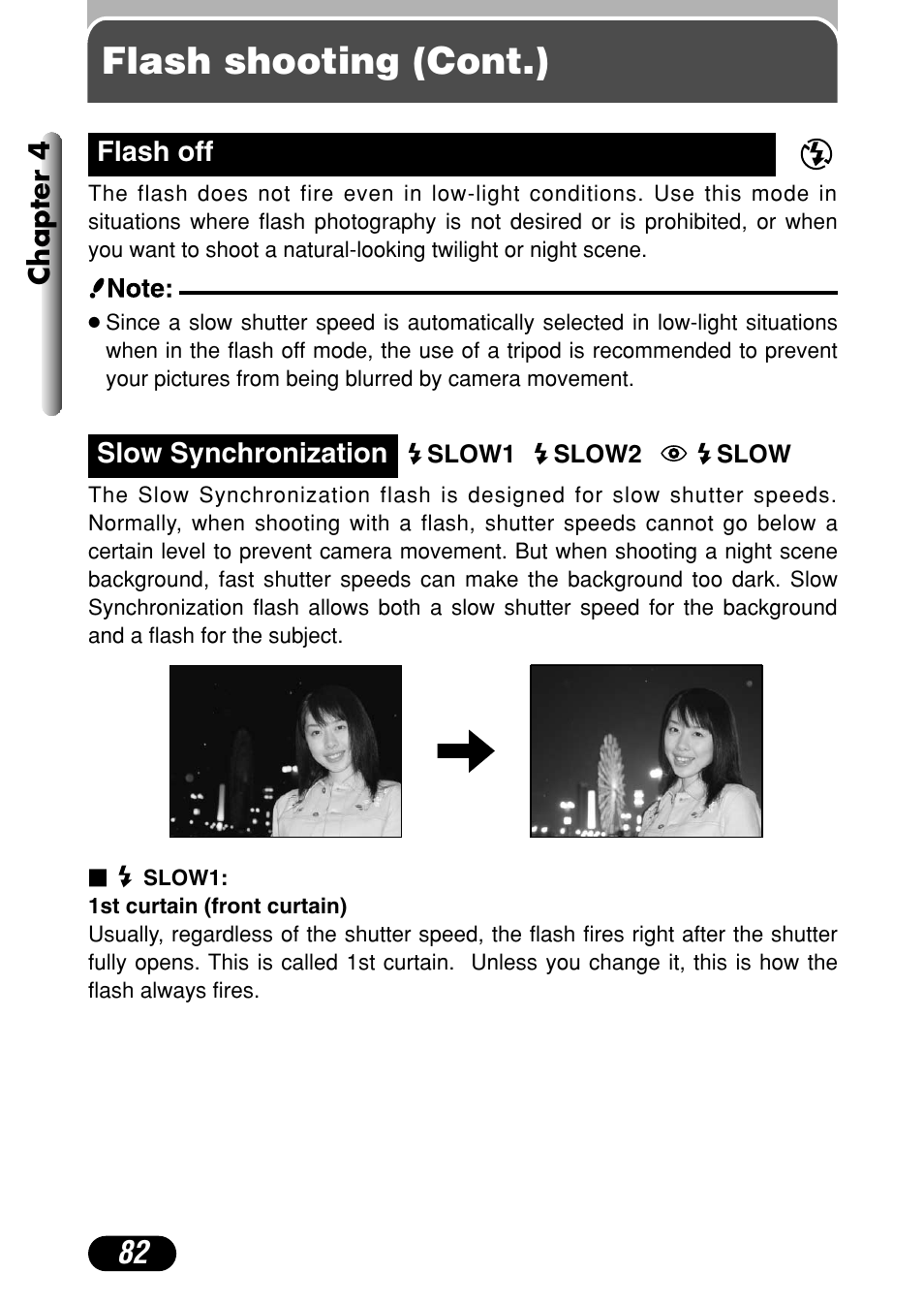 Flash off, Slow synchronization, Slow1 | Slow2, Slow, Flash shooting (cont.) | Olympus C-4040 Zoom User Manual | Page 82 / 200