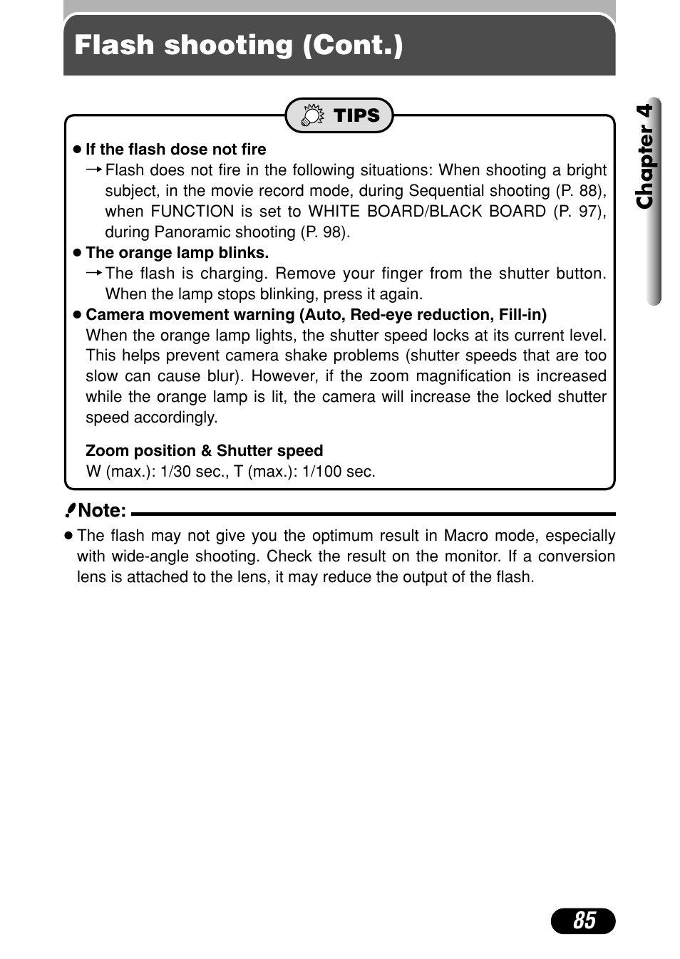 Flash shooting (cont.), Chapter 4 | Olympus C-4040 Zoom User Manual | Page 85 / 200