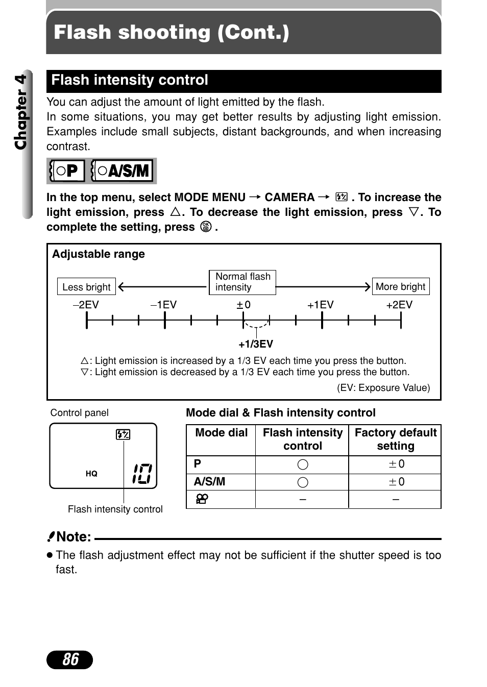 Flash intensity control 86, Flash shooting (cont.), Chapter 4 | Flash intensity control | Olympus C-4040 Zoom User Manual | Page 86 / 200