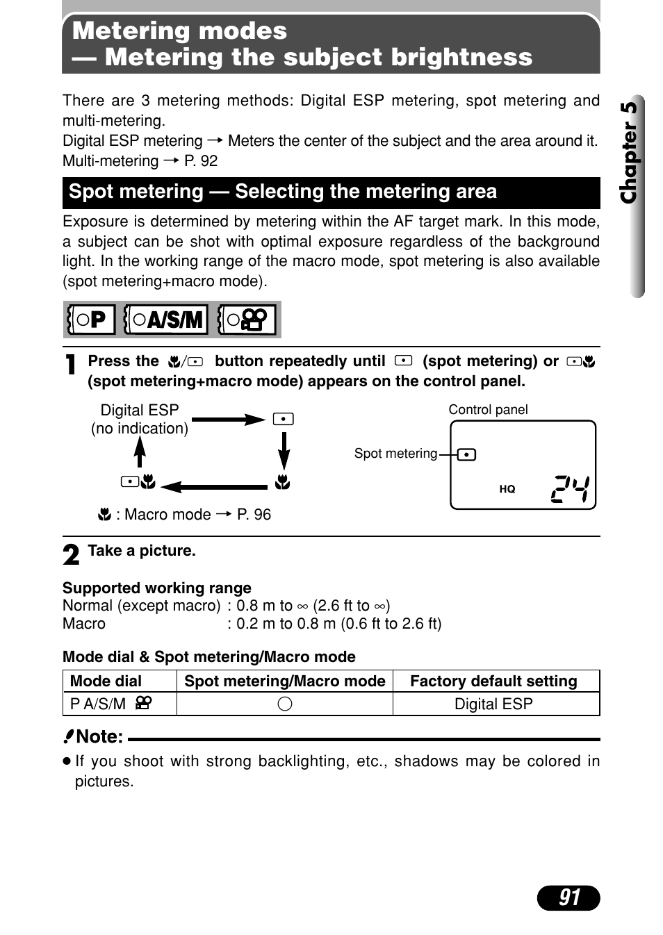 Metering modes — metering the subject brightness, Spot metering — selecting the metering area 91, Chapter 5 | Spot metering — selecting the metering area | Olympus C-4040 Zoom User Manual | Page 91 / 200