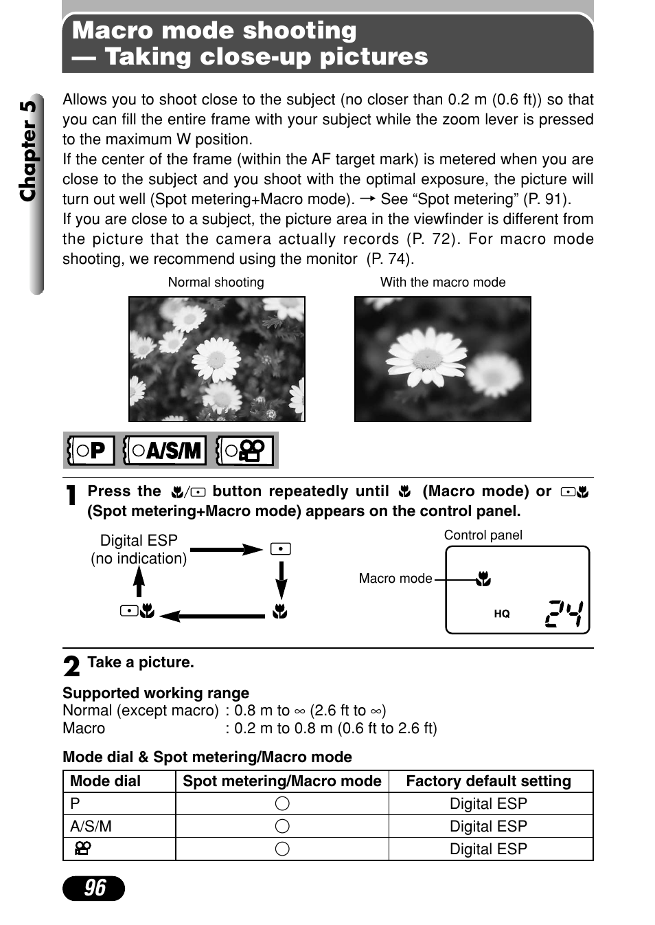 Macro mode shooting — taking close-up pictures, Macro mode setting — taking close-up pictures, Chapter 5 | Olympus C-4040 Zoom User Manual | Page 96 / 200