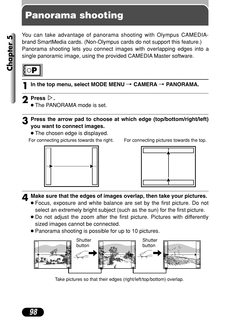 Panorama shooting | Olympus C-4040 Zoom User Manual | Page 98 / 200