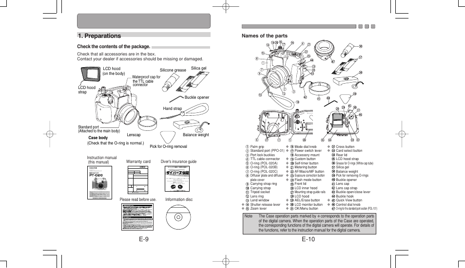 E-10 e-9, Preparations | Olympus PT-020 User Manual | Page 6 / 21