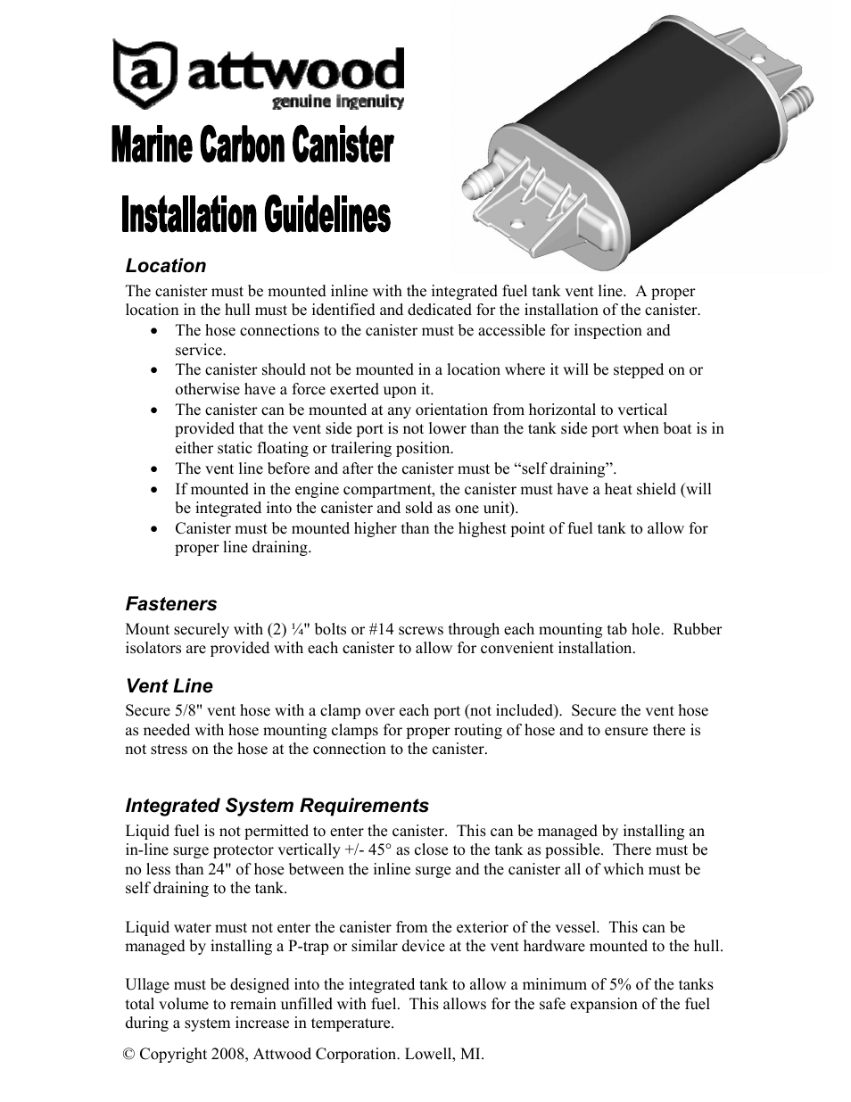 Attwood Marine Carbon Canister User Manual | 1 page