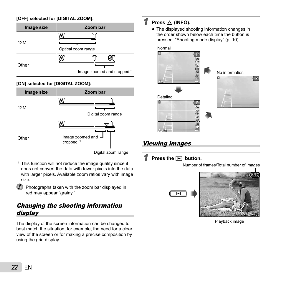 22 en, Changing the shooting information display, Viewing images | Press f (info), Press the q button | Olympus T-110 User Manual | Page 22 / 75