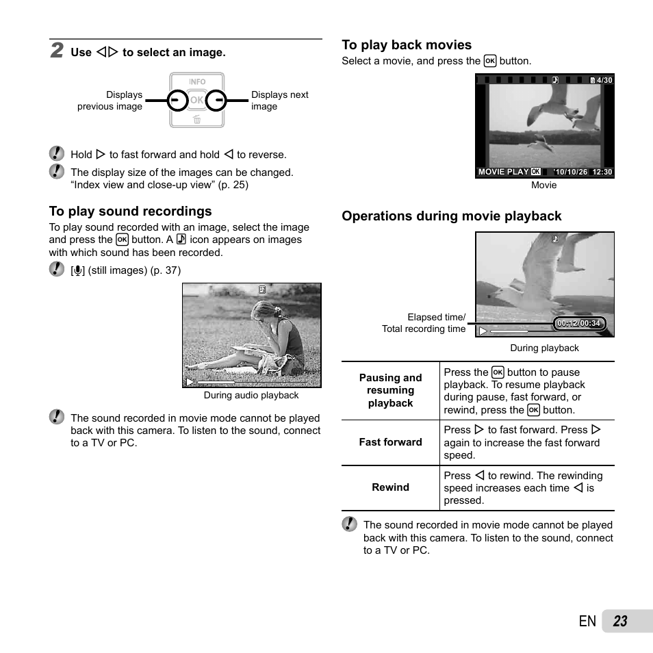 23 en, Operations during movie playback | Olympus T-110 User Manual | Page 23 / 75