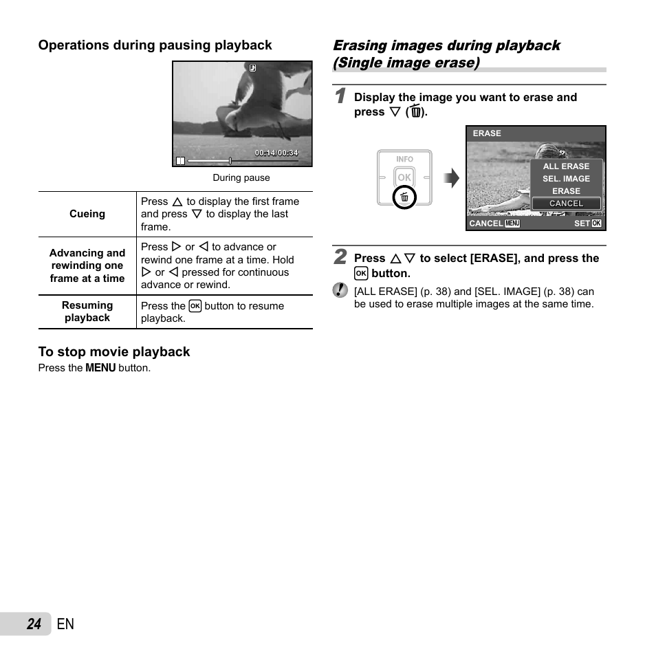 24 en, Operations during pausing playback | Olympus T-110 User Manual | Page 24 / 75