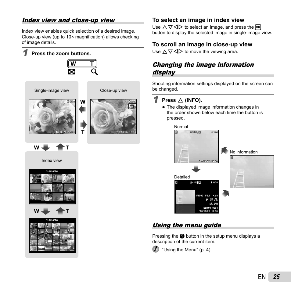 25 en, Index view and close-up view, Changing the image information display | Using the menu guide, Press the zoom buttons, Press f (info) | Olympus T-110 User Manual | Page 25 / 75