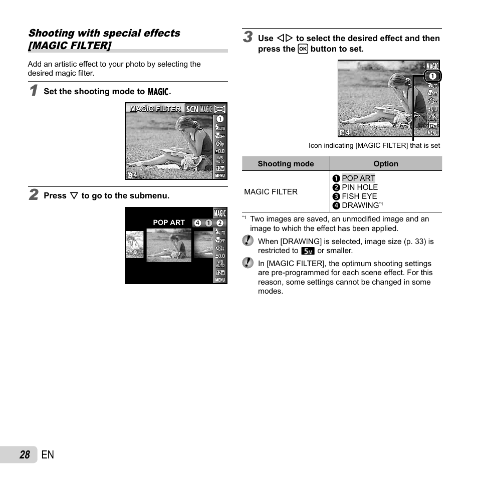 28 en, Shooting with special effects [magic filter | Olympus T-110 User Manual | Page 28 / 75