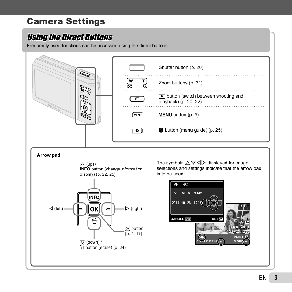 Using the direct buttons, Camera settings | Olympus T-110 User Manual | Page 3 / 75