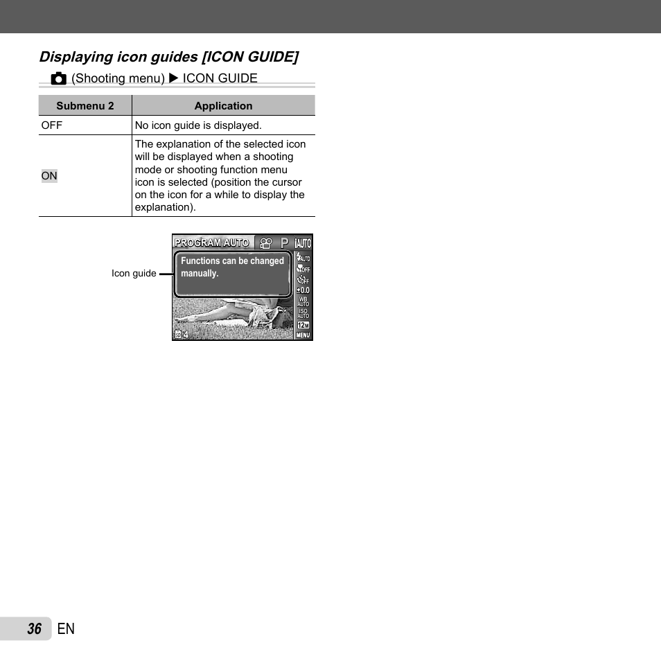 36 en, Displaying icon guides [icon guide, Displaying icon guides [icon guide] z | Shooting menu) x icon guide | Olympus T-110 User Manual | Page 36 / 75