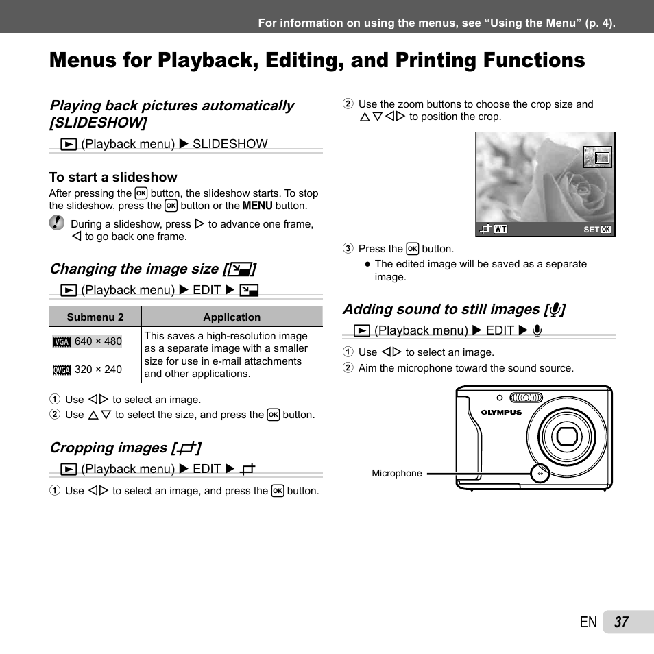 37 en, Changing the image size, Changing the image size [ q q | Cropping images, Cropping images [ p p | Olympus T-110 User Manual | Page 37 / 75